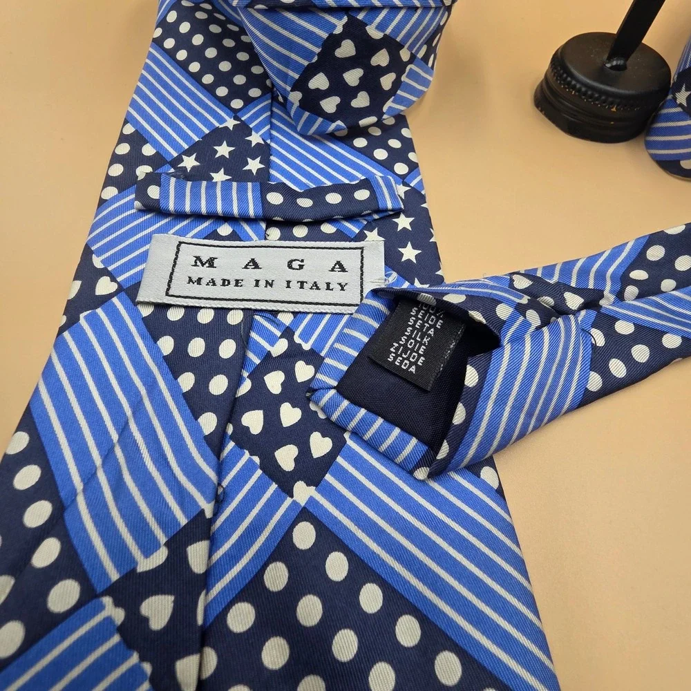 Maga Made in Italy Mens Silk Tie Blue Patchwork Stars Hearts Polka Dots Stripes